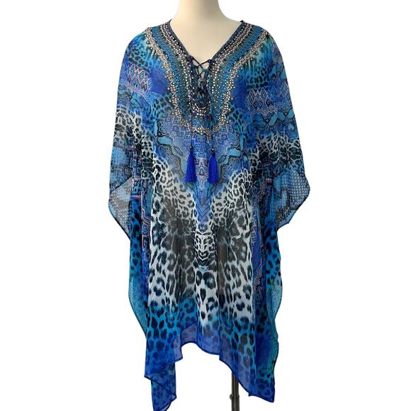 La Moda True Colours Jungle Adventures Cross Lace Kaftan Tunic Animal Print OS - Picture 1 of 9